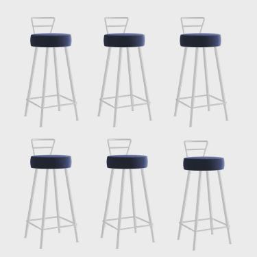 Imagem de Kit 06 Banqueta Alta Com Encosto Tina Eiffel Cozinha Bar Bistrô Ferro Branco Corino Azul Marinho - Ahazzo Móveis