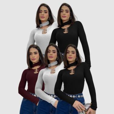 Imagem de Kit 5 Body Blusa Canelada Manga Longa Gola Choker  Moda Gringa Social 