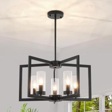 Imagem de LZLDCJ Lustre Preto De 21,25'' Para Sala De Jantar, Iluminação Pendente De 5 Luzes Para Ilha De Cozinha, Lustre Geométrico Moderno De Entrada De Fazenda Para Hall De Entrada, Luminárias De Escada, C