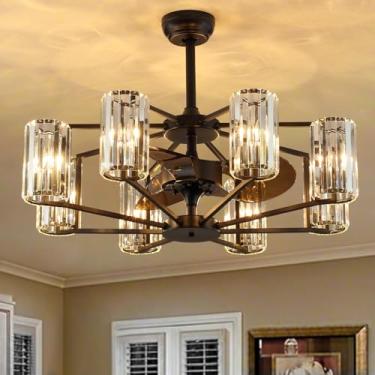 Imagem de Moooni Ventilador De Teto Com Lustre De Cristal, Vintage, Luxuoso, Com Gaiola, Luz E Controle Remoto, Para Sala De Jantar, Sala De Estar, Quarto, Cozinha, Entrada Estilo Fazenda, Preto, 34 Polegadas