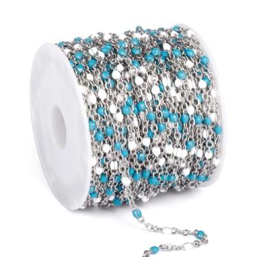 Imagem de Corrente de elos com contas de satélite esmaltadas de aço inoxidável de 2 mm para fabricação de joias (contas brancas azuis de aço inoxidável)