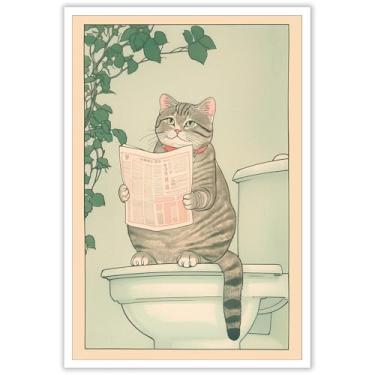 Imagem de KFDJIG Gato japonês moderno lendo pôsteres de jornal animais engraçados no vaso sanitário arte de parede ramos de árvore com folhas verdes impressão pintura para casa quarto dormitório decoração de