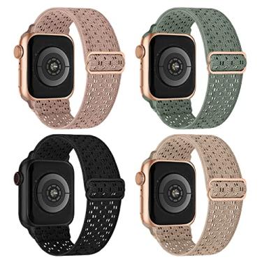 Imagem de Pacote com 4 pulseiras solo de nylon elástico compatíveis com Apple Watch séries 11, 10, 9, 8, 7, 6, 5, 4 e 3 SE, ultra de 38 mm, 40 mm, 41 mm, 42 mm, 44 mm, 46 mm, 49 mm, 49 mm, pacote com 4 unidades