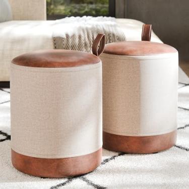 Imagem de Conjunto 2 Puffs Redondo Euro Couro e Linho Bege Sala Quarto - Loja Inova BR (Bege)