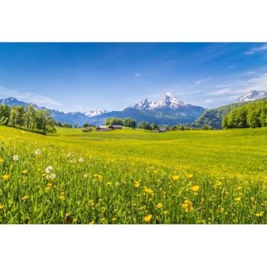 Imagem de Yeele Cenário de paisagem de primavera de 2,1 x 1,5 m, flores amarelas, verde, pastagem, céu azul, cabanas, alpes, montanhas, cenário fotográfico, para caminhadas, acampamento, férias, viagem, festa
