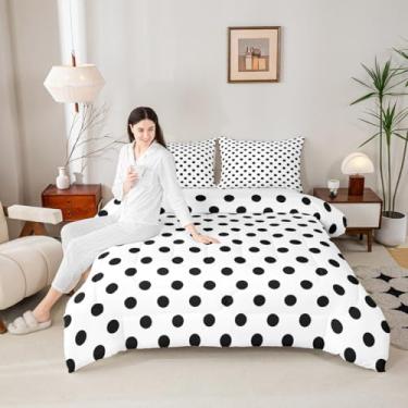 Imagem de Manfei Conjunto de edredom solteiro de bolinhas pretas, estilo francês, desenho animado fofo, 2 peças para meninos e meninas, círculos geométricos, preto e branco, edredom de arte simples, 1 fronha