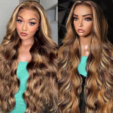 Imagem de Peruca de cabelo humano Highlight Ombre 33 x 15 cm de densidade 220% loiro mel destaque onda corporal peruca de cabelo humano pré-arrancada com cabelo de bebê 4/27 perucas destacadas para mulheres 71