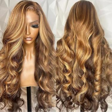 Imagem de Peruca frontal ombré com destaque de densidade de 250% cabelo humano cabelo humano loiro mel HD peruca frontal pré-arrancada com cabelo de bebê marrom 4/27 colorido peruca frontal sem cola para