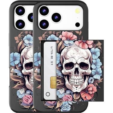 Imagem de MUQR Capa compatível com Phone 17 Pro Max com porta-cartão fofo - Design Kawaii Capa carteira robusta com proteção contra quedas de grau militar para mulheres (caveira preta floral)
