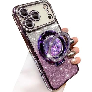Imagem de Changjia Capa com suporte de glitter para iPhone Pro Max, luxuosa, brilhante, diamante, strass, com protetor de câmera, anel de fluxo líquido, suporte de TPU (poliuretano termoplástico), capa feminina