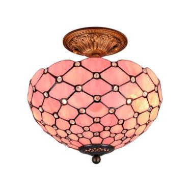 Imagem de GILGGAK Luminária de teto estilo Pearls Tiffany, lâmpada de montagem semiembutida de vidro manchado de 30,5 cm de altura, 28 cm, inspiração vintage, declaração para entrada do corredor do quarto (rosa