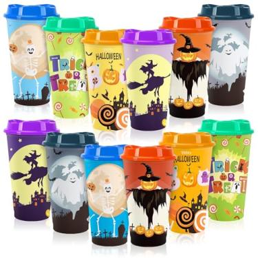 Imagem de Jansun 12 peças de copos que mudam de cor de Halloween, copos de café de plástico reutilizáveis de 473 ml com tampas para decorações de festa, copos de Halloween para suprimentos de lembrancinhas de