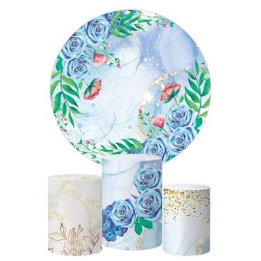 Imagem de Trio Capa Cilindro + Painel Redondo Marmore Floral Azul - DECORANDO E 