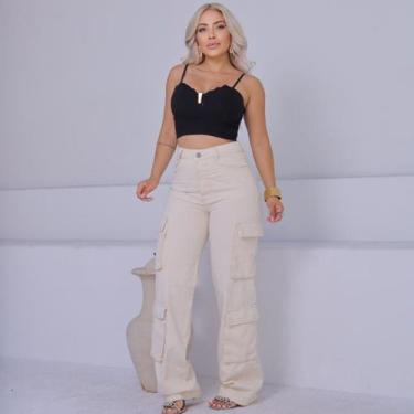 Imagem de Calça Jeans Feminina Cargo Off White com Bolsos Fole - KCG STORE, Off 
