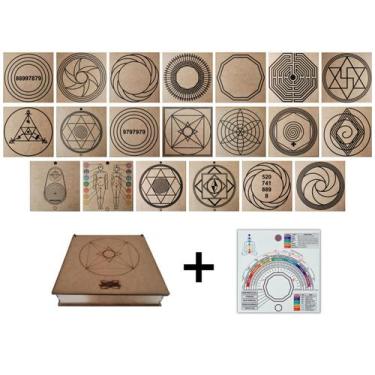 Imagem de Kit Caixa + 20 Gráficos Radiestesia MDF Cru 20x20cm 3mm + Relógio Pran