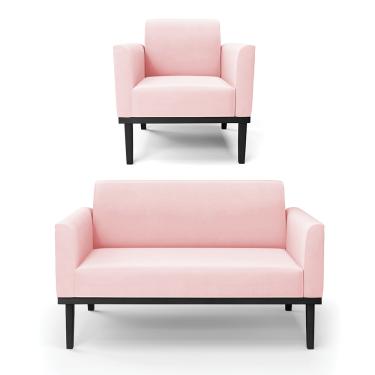 Imagem de Sofá Namoradeira com Poltrona Base de Madeira Fixa Preto Marisa Suede Rosa Bebê  D03 - D'Rossi