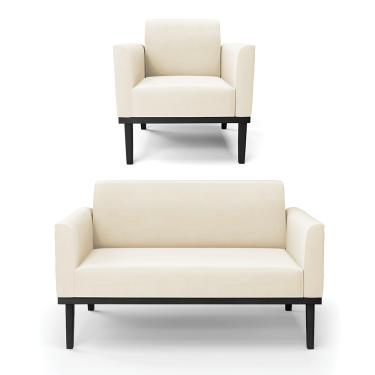 Imagem de Sofá Namoradeira com Poltrona Base de Madeira Fixa Preto Marisa Veludo Bege D03 - D'Rossi