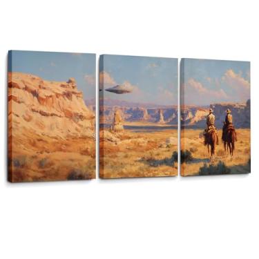 Imagem de Arte de parede em tela de 3 peças Cowboys and Aliens - Vintage Western Meets Retro Sci-Fi UFO Painting Print | Arte de paisagem do deserto do sudoeste surreal para decoração de parede (arte emoldurada
