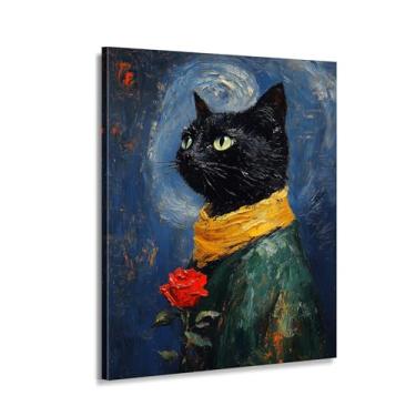 Imagem de CANLUNTE Impressão de arte de parede em tela de gato preto abstrata - segurando rosa com fundo de céu noturno estrelado, decoração de casa moderna para sala de estar quarto (arte 3 x 91 cm emoldurada)