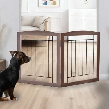Imagem de ZJSF Portão de cachorro dobrável independente para casa, extragrande, de madeira, para ambientes internos, portões para animais de estimação, cerca alta para cães, 2 painéis, cerca marrom