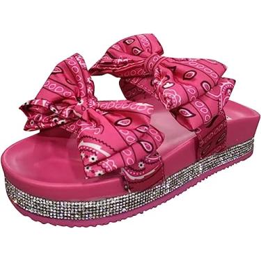 Imagem de Sandálias de plataforma femininas para o verão confortáveis com laço de praia sapatos de dedo aberto chinelos casuais sapatos, Rosa, 34 BR