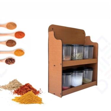 Imagem de Prateleira Porta Condimentos Suporte Em Madeira Porta Tempero de Parede 12 Potes de Plástico(PEQUENO (COM 6 POTES) Caramelo)