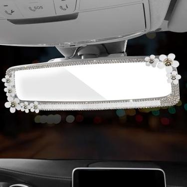 Imagem de Espelho retrovisor de carro grande angular de vidro HD de 28 cm, diamante brilhante, acessórios decorativos de interiores panorâmicos, decoração de carro