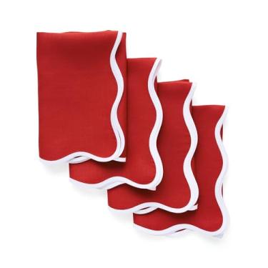 Imagem de Solino Home Conjunto de guardanapos de linho Scallop com 4-100% linho puro Natal vermelho guardanapos de jantar 50 x 50 centímetros - Giselle Scallop Edge, feito à mão e lavável na máquina