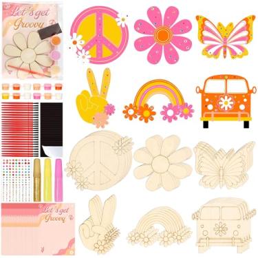 Imagem de Bafeil 24 conjuntos de lembrancinhas de festa, kit de artesanato de pintura de madeira DIY com ímãs, decorações de aniversário hippie retrô, artigos para festa de aniversário com tema boho retrô