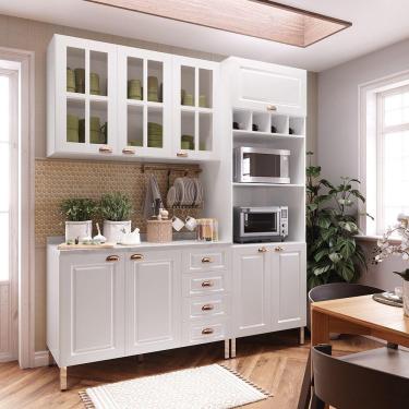 Imagem de Armário De Cozinha Compacta 3 Peças Com Tampo E Vidro Cristal Luciane Móveis Branco Polar Com Branco Pet E Marmore