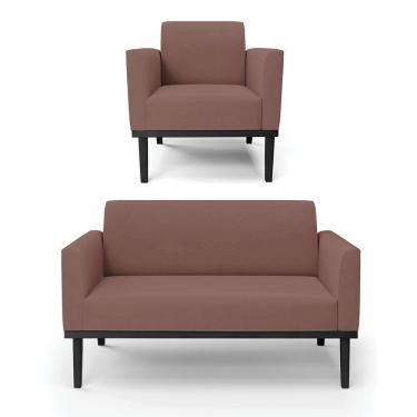 Imagem de Sofá Namoradeira Com Poltrona Base De Madeira Fixa Preto Marisa Veludo Rosê D03 - D'Rossi