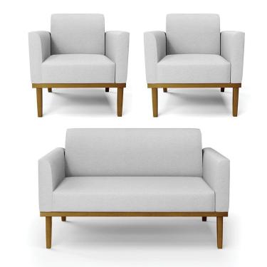 Imagem de Sofá Namoradeira Com 2 Poltronas Base De Madeira Fixa Castanho Marisa Linho D03 - D'Rossi A05 Cinza