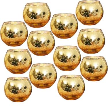 Imagem de 12 peças/conjunto de castiçais redondos dourados de vidro mercúrio, castiçais para mesa, chá de bebê, aniversário, casamento, decoração de casa, Halloween, Natal