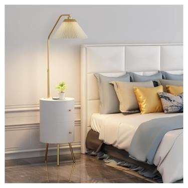 Imagem de Luminária de chão Mesa de cabeceira redonda inteligente com lâmpada e estação carregamento sem fio, LED 3 cores, mesa moderna 2 gavetas madeira(Branco)