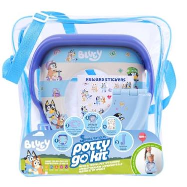 Imagem de O kit de treinamento Bluey de 5 peças inclui panelas macias e de viagem, adesivos, gancho e bolsa de armazenamento