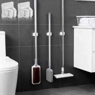 Imagem de 4 peças de suporte de esfregão e vassoura autoadesivo, gancho para esfregão de parede, organizador de vassoura, armazenamento para banheiro, cozinha, lavanderia, garagem, jardim