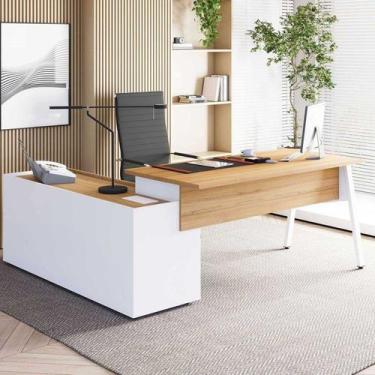 Imagem de Mesa L Diretor Escritório 200cm com Armário Lateral Tampo Cavado e Pés