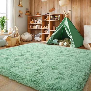 Imagem de KOGSA Tapete felpudo fofo de 15 x 23 cm para sala de estar, quarto, ultramacio, grande, tapete felpudo antiderrapante para dormitório, para decoração de casa, estética, verde sálvia