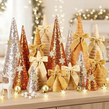 Imagem de Soulchen Conjunto de 16 peças de árvore de cone de Natal de 30,5 cm/25,4 cm/15,2 cm/10,2 cm com lantejoulas, mesa de veludo de Natal, centro de mesa com bolas, decoração moderna de inverno para