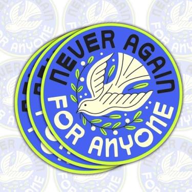 Imagem de 3 adesivos Never Again for Anyone com design pomba da paz, decalques de vinil redondos azuis para laptop, garrafa de água, telefone, janela, capacete