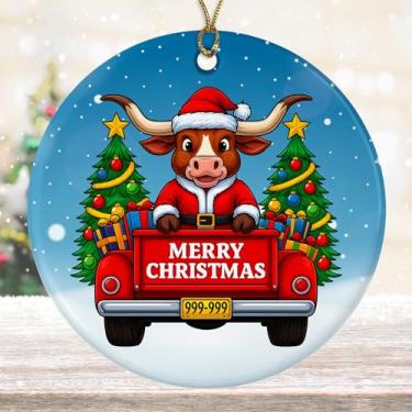 Imagem de DamienBrightGift Enfeite de Natal Texas Longhorn Papai Noel - Caminhão vermelho de cerâmica com decoração de árvore - Presente engraçado de lembrança de feriado ocidental - Decoração de Natal para