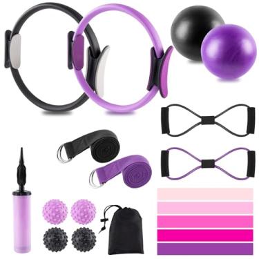 Imagem de Conjunto de anéis de Pilates – Kit de equipamento de pilates em casa para mulheres com anel de Pilates e conjunto de bolas de círculo mágico, faixas de resistência e bolas de massagem e faixas de