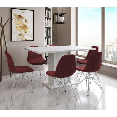 Imagem de Mesa Jantar Londres Retangular Branca 137X90 6 Cadeiras Estofadas Vermelho Ferro Branco