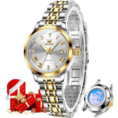 Imagem de OLEVS Relógio feminino automático, dourado, luxuoso, diamante, corda automática, à prova d'água, luminoso, data, L7062: Pulseira de dois tons e mostrador branco, Elegante