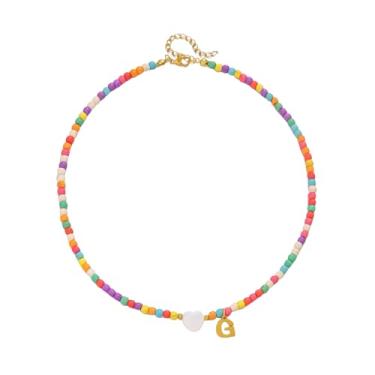 Imagem de Gargantilha feminina com contas de ouro 18 quilates - pingente de letra colorida de aço inoxidável impermeável - joia com pingente de alfabeto personalizado - Presente personalizado delicado para