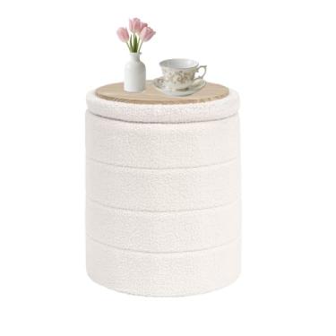 Imagem de CAIPINFUL Otomano redondo com armazenamento, mesa de centro boucle otomana, apoio para os pés para corredor, sala de estar, quarto - branco