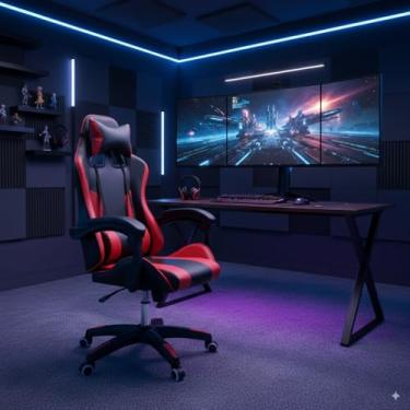 Imagem de Cadeira Gamer Ergonômica, Reclinável, Couro Sintético, Preto e Vermelho