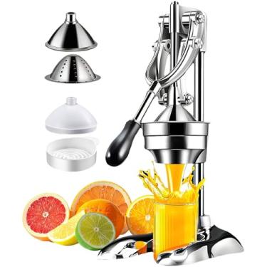 Imagem de Espremedor manual de ferro fundido – com cones planos e pontiagudos, fácil de limpar, espremedor cítrico profissional de aço inoxidável para laranja, limão, limão, romã, toranja, prata
