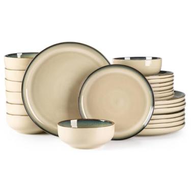 Imagem de GBHOME Conjuntos de louça de cerâmica para 8, 24 peças de pratos e tigelas de grés, pratos de esmalte reativo - resistente a arranhões, lava-louças e micro-ondas, cáqui pálido