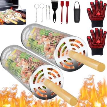 Imagem de Cestas de grelha com rolamento, 2 peças, ferramentas de churrasco de aço inoxidável 304 com cabo de madeira removível para vegetais, camarão, acampamento, quintal, acessórios para grelhar ao ar livre